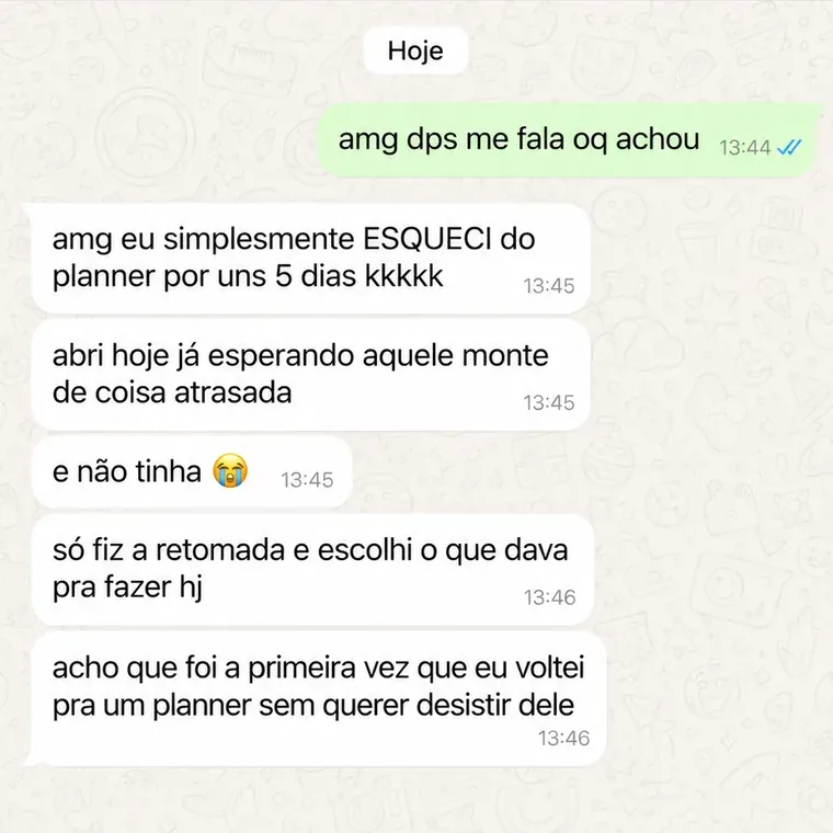 Conversa no WhatsApp de uma cliente sobre o Planner Dia Um (1 de 10)