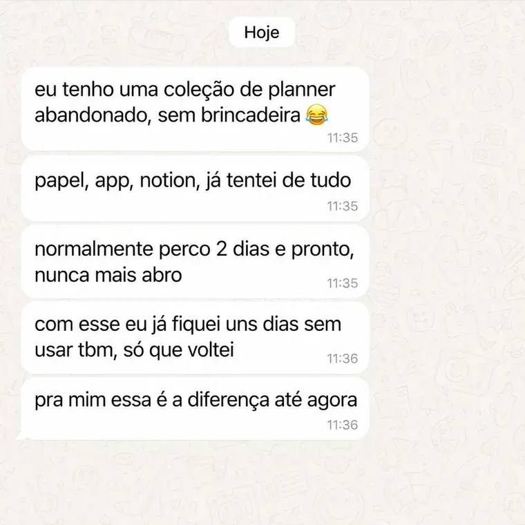 Conversa no WhatsApp de uma cliente sobre o Planner Dia Um (5 de 10)