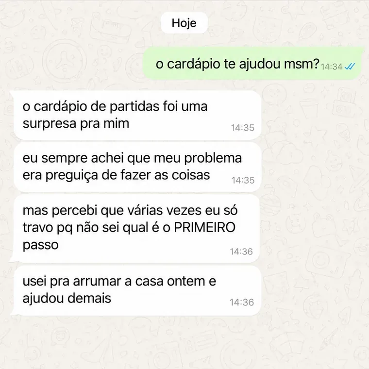 Conversa no WhatsApp de uma cliente sobre o Planner Dia Um (6 de 10)