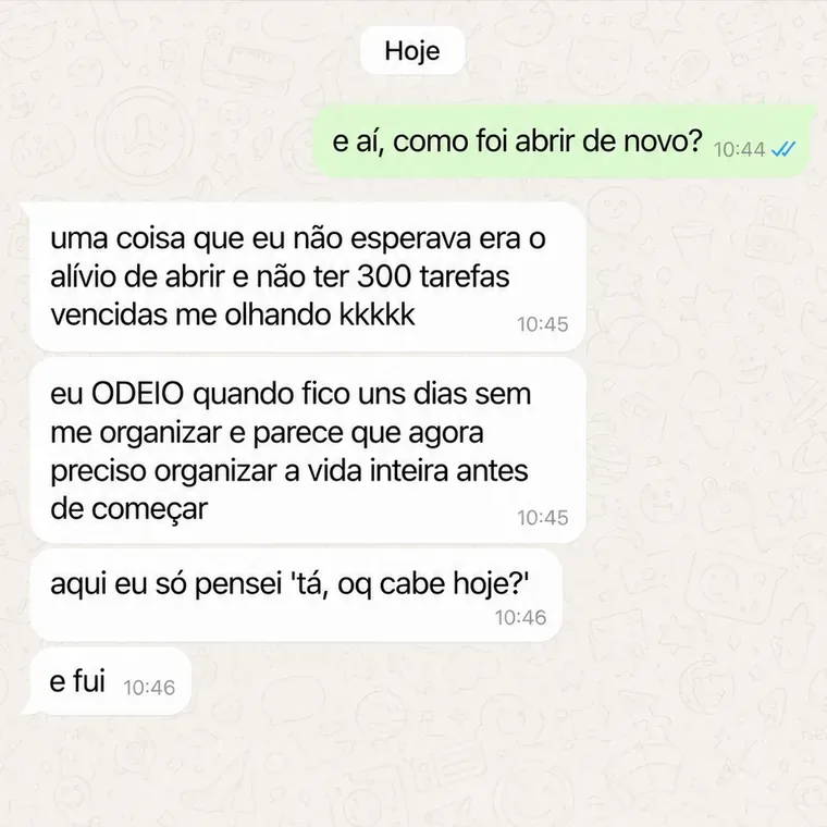 Conversa no WhatsApp de uma cliente sobre o Planner Dia Um (8 de 10)