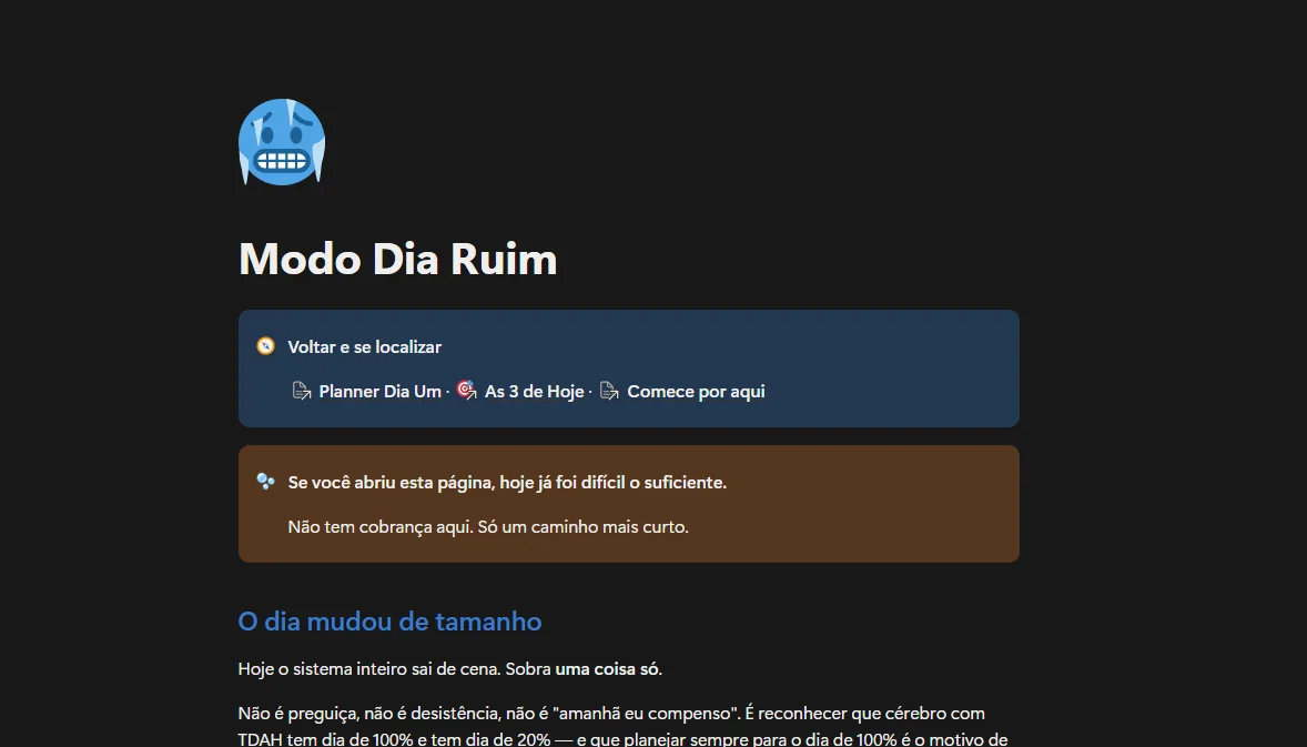 Tela Modo Dia Ruim no Planner Dia Um