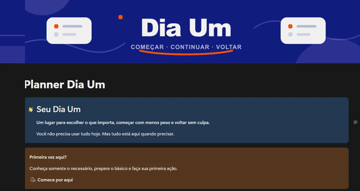Tela inicial do Planner Dia Um no Notion