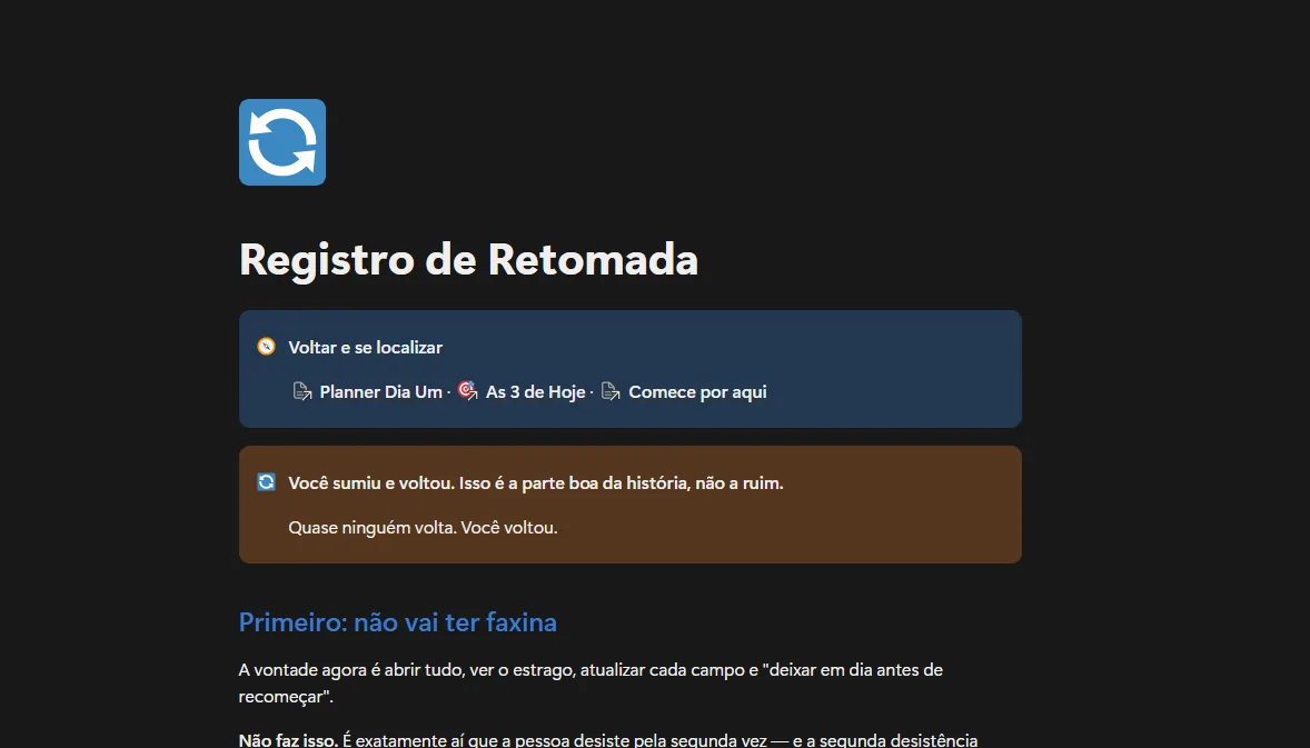 Tela Registro de Retomada no Planner Dia Um
